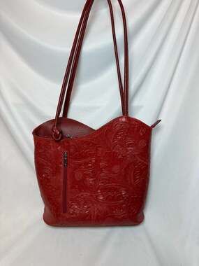 Leaders in Leather Red Hand Tooled Genuine Leather Shoulder Bag